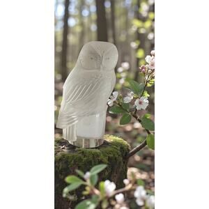 Vintage Lalique Crystal Owl Figurine-France Signed-Detailed Mold-Art Deco-Glass
